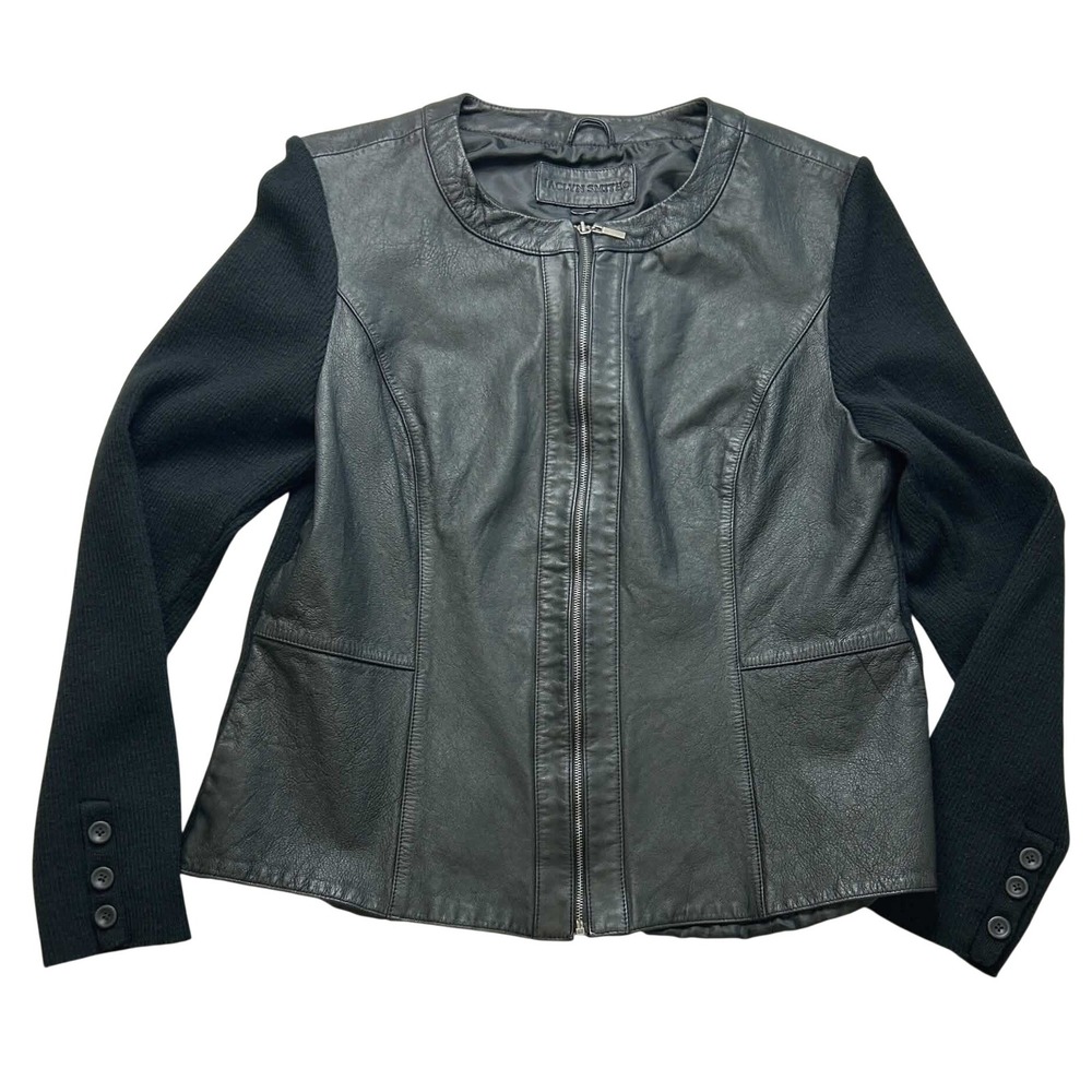 Jaclyn Smith Black Leather Mixed Media Knit Sleeve Zip Front Jacket Medium